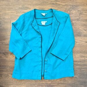 Hot Cotton Turquoise Linen Blouse & Full Button Over Coat Set Womens Size M/L